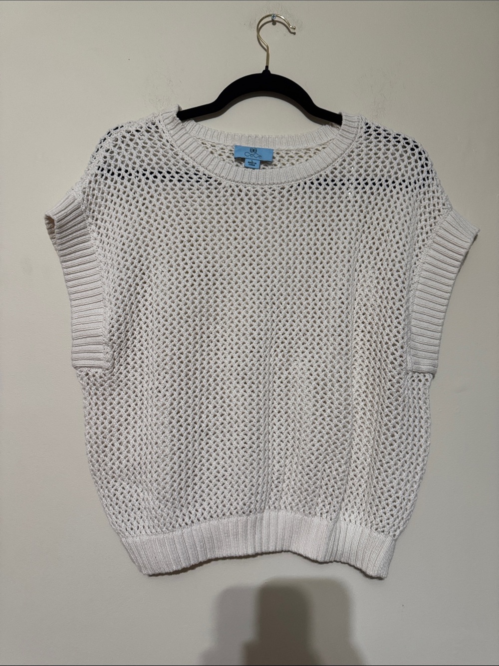 CeCe White Open-Knit Short Sleeve Sweater